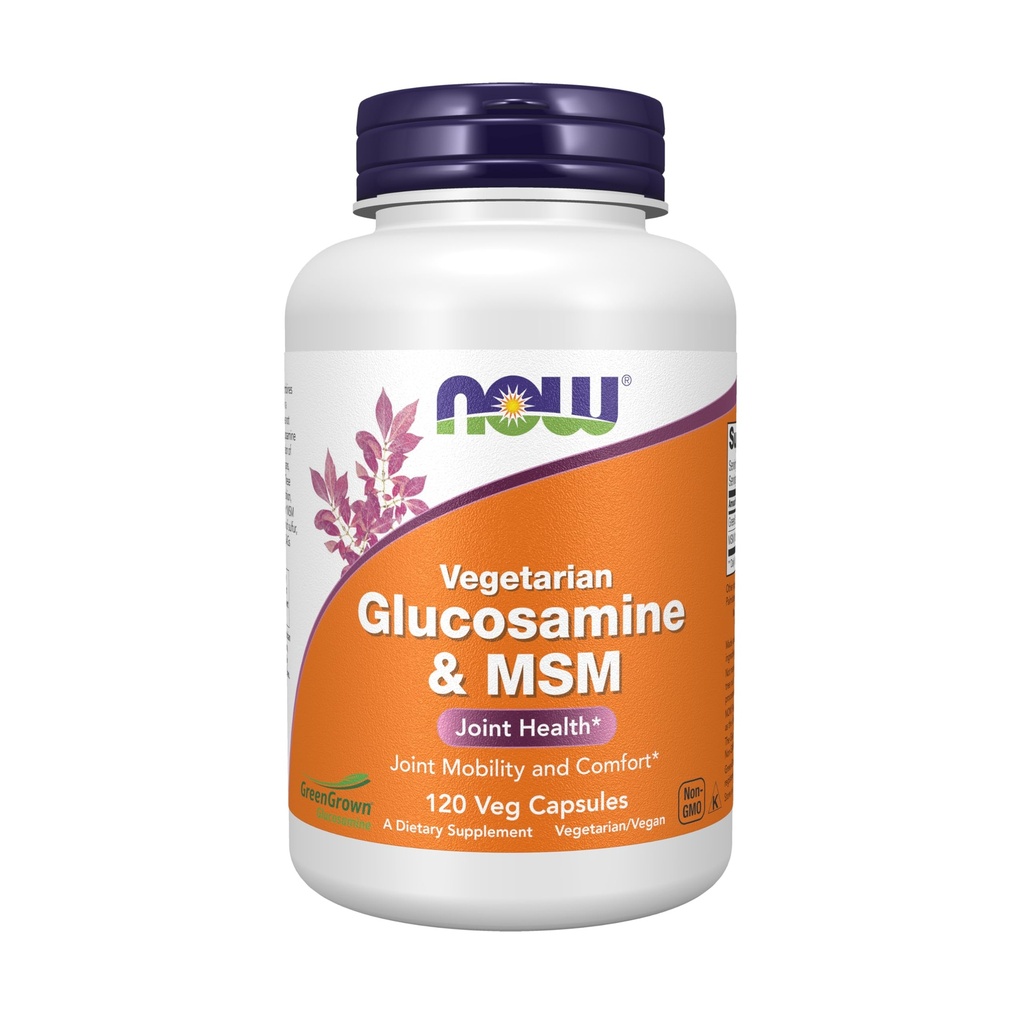 NOW Συμπληρώματα τροφίμων, γλυκοζαμίνη & MSM (GreenGrown® Glucosamine), χορτοφαγικά, 120 κάψουλες Veg