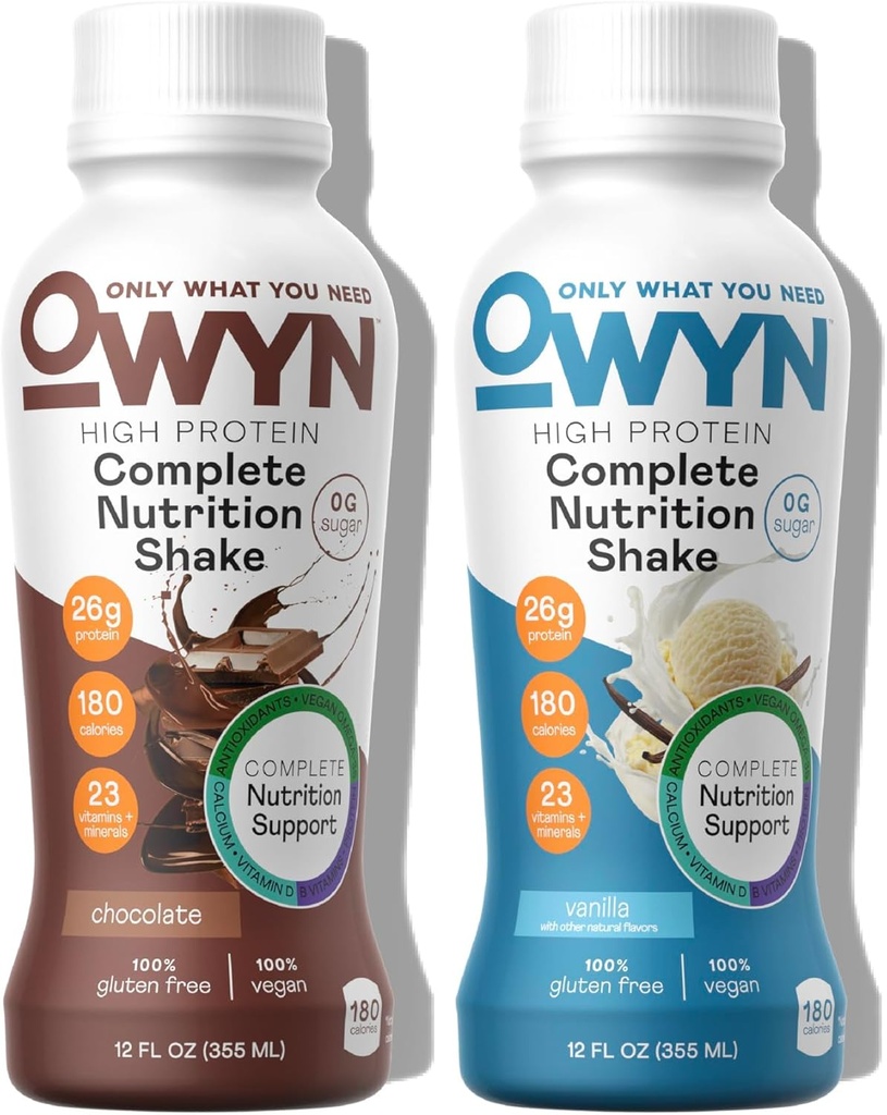 OWYN Only What You Need High Protein Plant Based Complete Nutrition Shake, Chocolate & Vanilla Variety Pack, 12 Fl Oz (12 Pack)