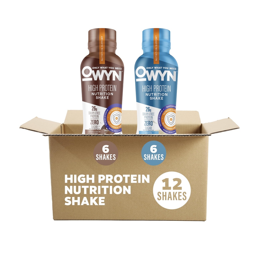 OWYN Only What You Need High Protein Shake, Chocolate and Vanilla Flavored, 26g Protein, 0g Sugar, 3g Fiber, Dairy Free, Plant Based Protein Drink, 12 Count
