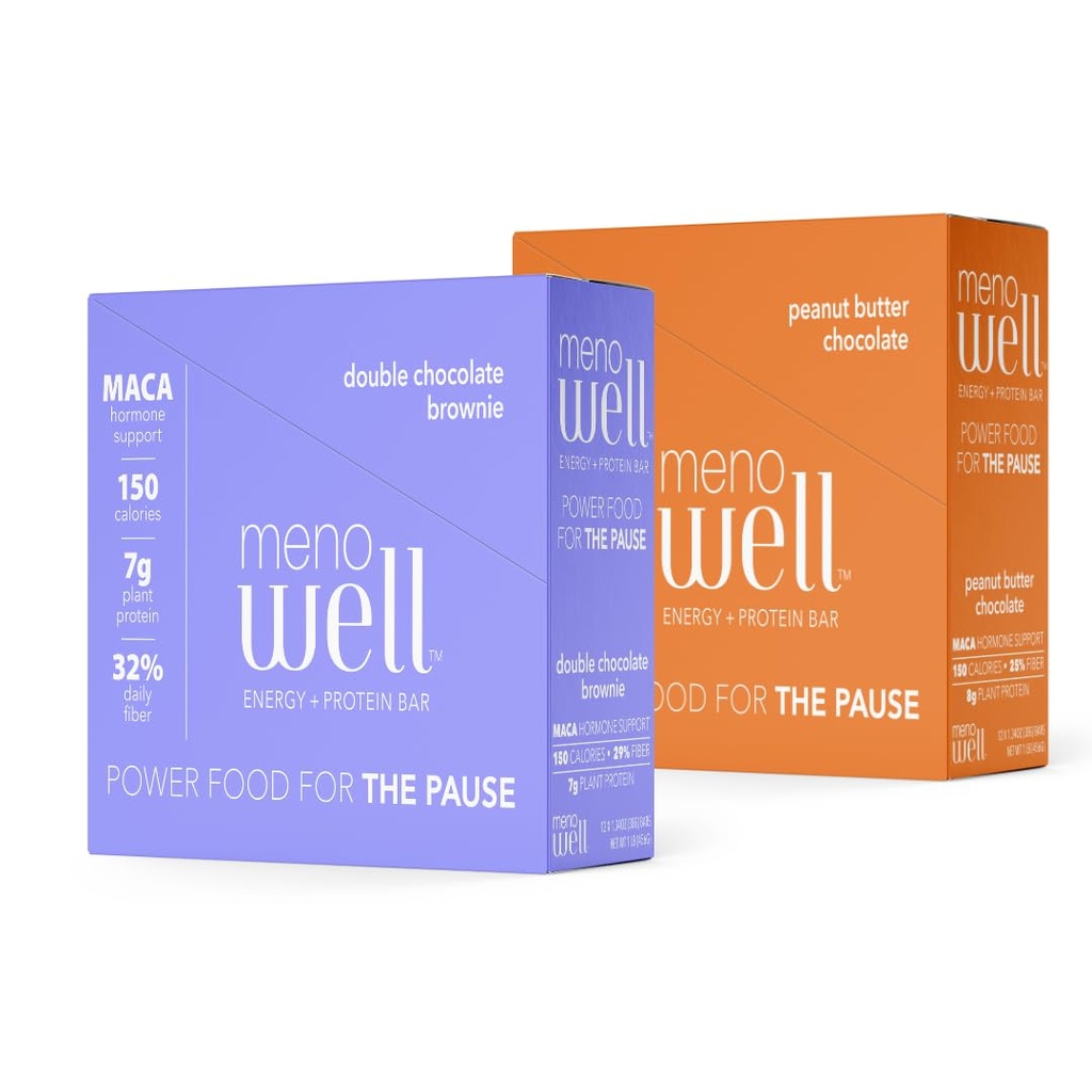 MenoWell Εμμηνόπαυση Ενέργεια και Πρωτεΐνη Bars για τις γυναίκες (Formally Bossa Bar), Διπλή σοκολάτα Brownie (10 Count) και φυστικοβούτυρο σοκολάτα (10 Count), Υψηλή Fiber και πρωτεΐνη, 20 Count (1 Box of Each)