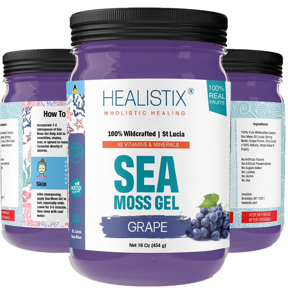 Healistix Grape Irish Sea Moss Gel 16 Oz - St Lucia Wildcrafted Seamoss Gel, Packed with 92 Vitamins - Superfood for Immune Support, Non-GMO, Keto, Vegan
