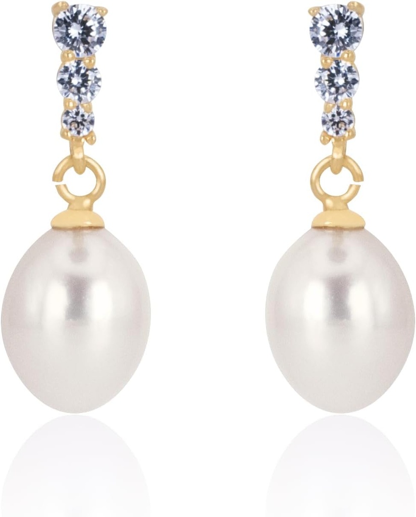 18K Gold Plated Sterling Silver Dangle White Drop Επιλέχθηκε με το χέρι Ποιότητα Γλυκό νερό Πολιτισμός Μαργαριτάρι σκουλαρίκια γάμου με Cubic Zirconia Κρύσταλλα Μαργαριταρένια Νυφικά σκουλαρίκια Κοσμήματα για Νύφες