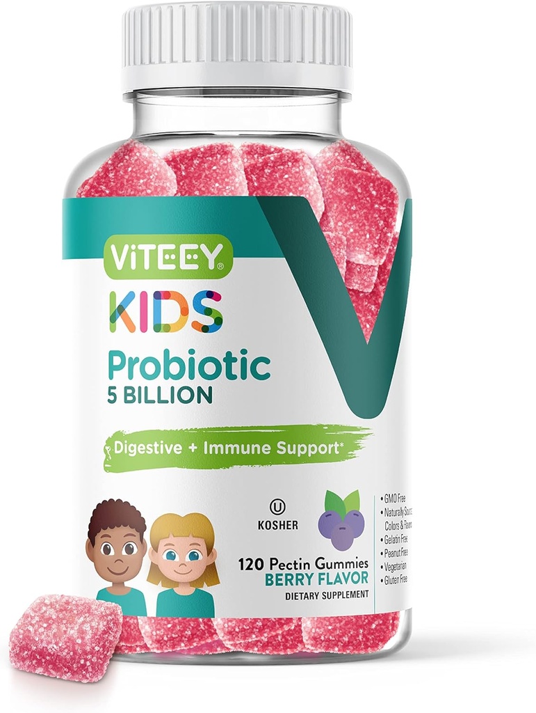 Viteey Probiotic Gummies for Kids - 5 δισεκατομμύρια CFUs - Προβιοτικά Παιδική δυσκοιλιότητα Ανακούφιση, Φυσικό ανοσοποιητικό & Digestive Υγεία Υποστήριξη - Χορτοφαγικά, Ζελατίνη Δωρεάν, GMO Δωρεάν - Νόστιμο μούρο Γεύση Gummy