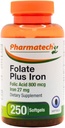 Folic Acid 800 mcg Plus Iron 27 mg Supplement for Women, Vitamin B9, Folate Prenatal, Fast Absorption, Made in USA, 250 Softgels