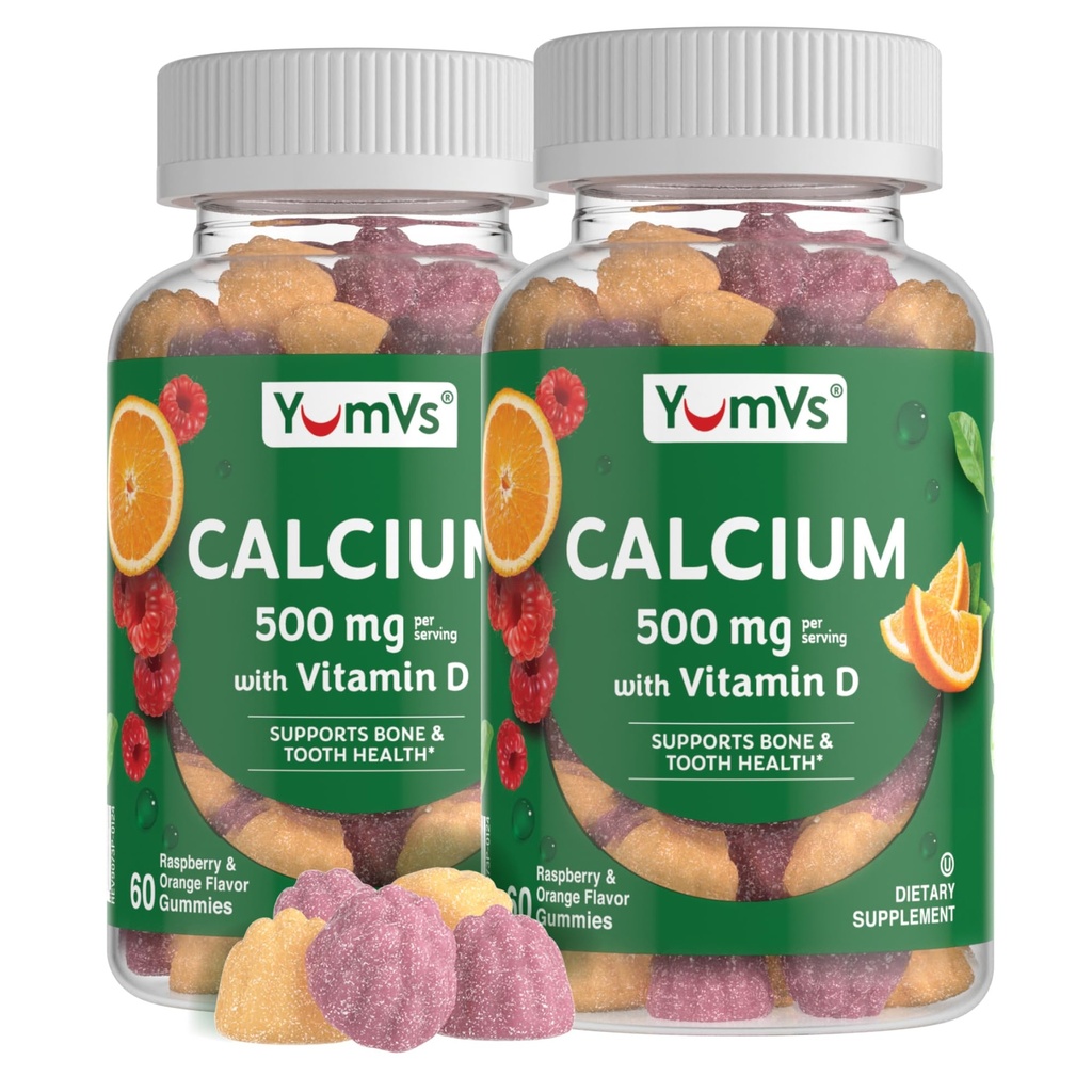 YumVs Ασβέστιο 500mg με Βιταμίνη D3 - Βατόμουρο & Πορτοκαλί Γεύσεις Ασβέστιο Βιταμίνη D Gummies, Μασώμενο συμπλήρωμα ασβεστίου για παιδιά & ενήλικες, Βιταμίνη D Ασβέστιο Gummies (60 Count (Pack of 2))
