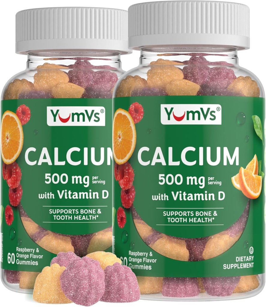 YumVs Calcium 500mg with Vitamin D3 - Raspberry & Orange Flavor Calcium Vitamin D Gummies, Chewable Calcium Supplement for Kids & Adults, Vitamin D Calcium Gummies (60 Count (Pack of 2))