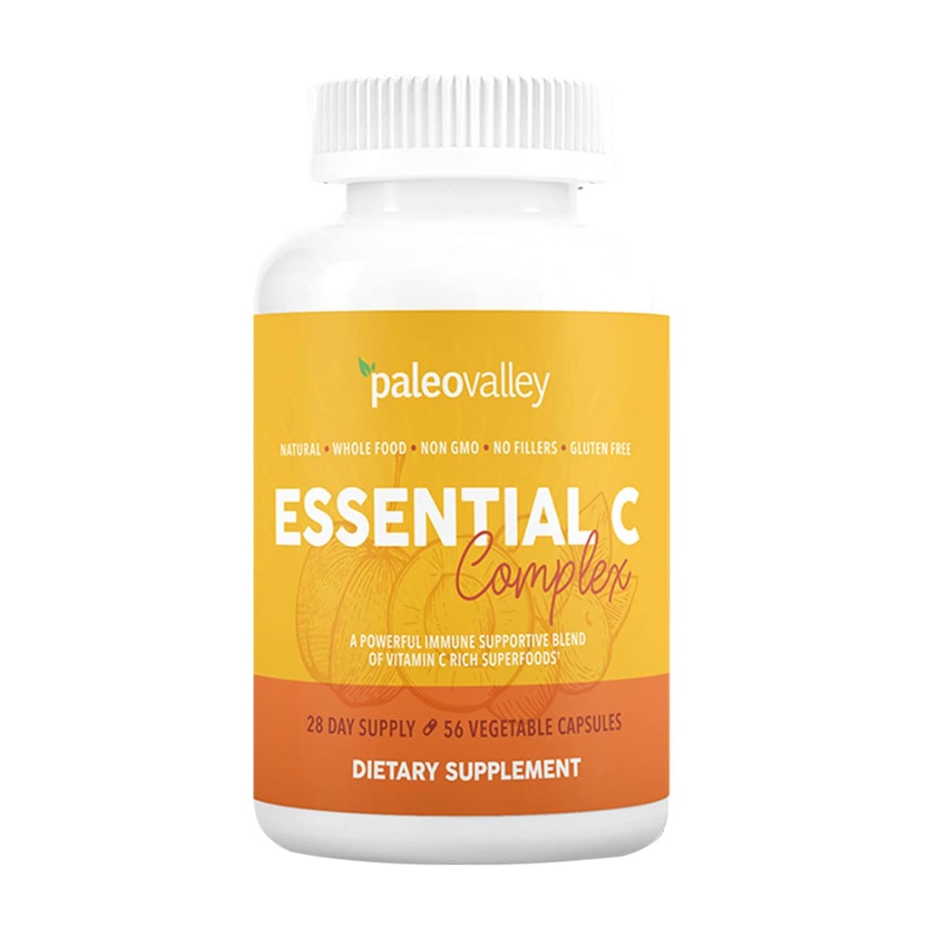 Paleovalley Essential C Complex - Συμπλήρωμα βιταμίνης C για την υποστήριξη του ανοσοποιητικού - 1 συσκευασία, 450mg - Βιολογικά Superfoods Unώριμα Acerola Cherry, Camu Camu, Amla Berry - Δεν Συνθετικό Ασκορβικό Οξύ - USA Made