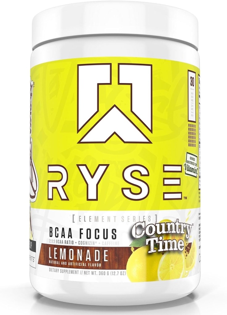 RYSE BCAA Focus Powder - Country Time Lemonade - BCAA Supplement with Electrolytes, Natural Caffeine & Cognizin Supports for Hydration, Recovery, Energy, and Focus for Men & Women - 30 Services