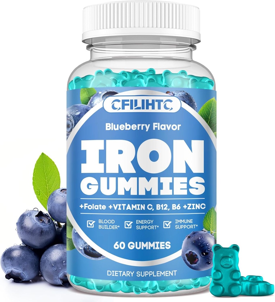 Iron Gummies for Women & Men - Συμπλήρωμα σιδήρου με βιταμίνη Β6, Β12, C, Ψευδάργυρος, Folate for Adults & Kids - Υποστήριξη Iron Deciency, Anemia, Energy Boost, Builder αίματος - Χωρίς ζάχαρη Vegan 60ct Blueberry