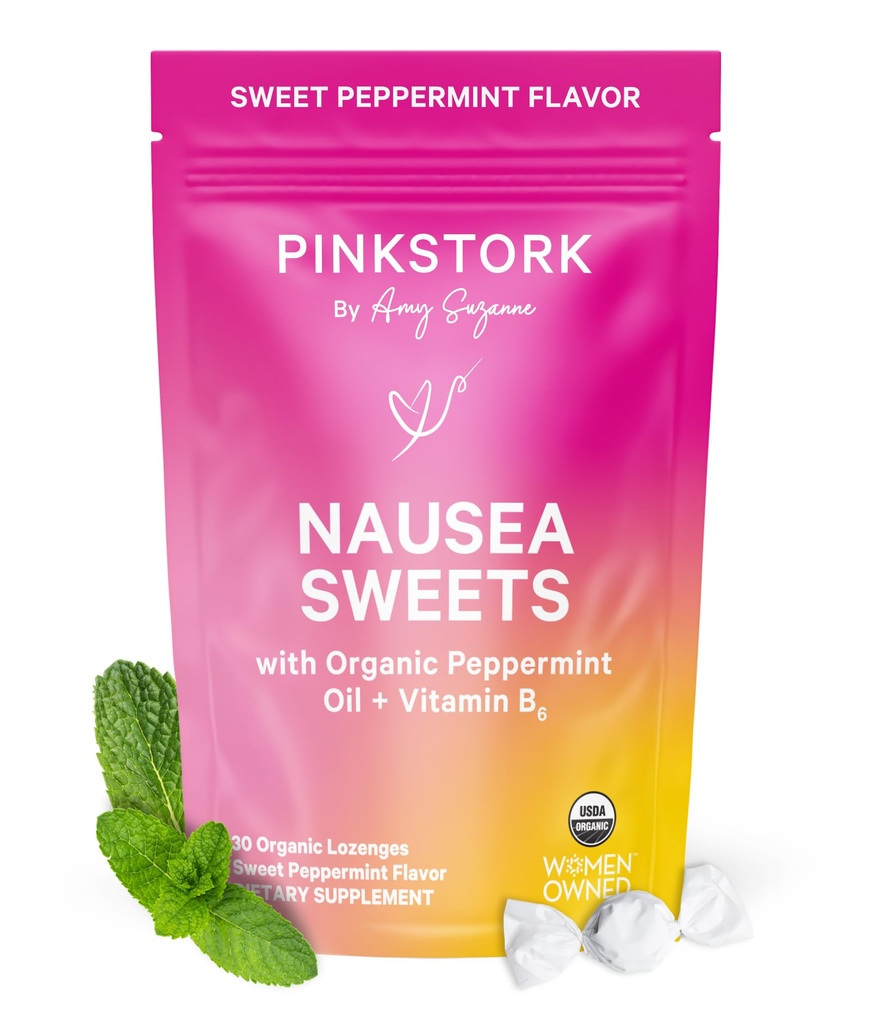 Pink Stork βιολογικά γλυκά μέντας για την πρωινή ασθένεια και την κίνηση υποστήριξη της ασθένειας, Προστέθηκε βιταμίνη Β6, 1ο Trimester εγκυμοσύνη πρέπει να έχει - 30 τυλιγμένα καραμέλες μέντας
