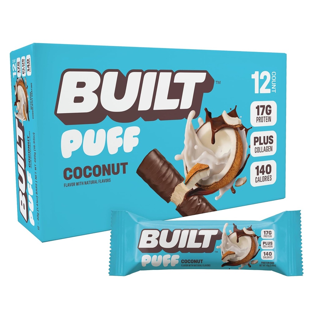 Χτισμένο Bar, Puff Protein Bars, Coconut Puff, 17g Snacks πρωτεΐνης, On-The-Go Bars, Μόνο 140 θερμίδες, 6g ζάχαρη, κολλαγόνο, χωρίς γλουτένη, 12 κόμης