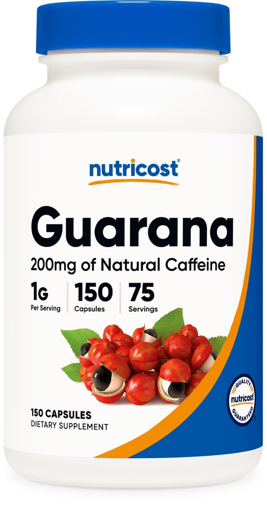 Nutricost Guarana 1000mg Σερβίρισμα, 150 κάψουλες χορτοφαγίας - Φυσικό βοτανικό βραζιλιάνικο συμπλήρωμα καφεΐνης