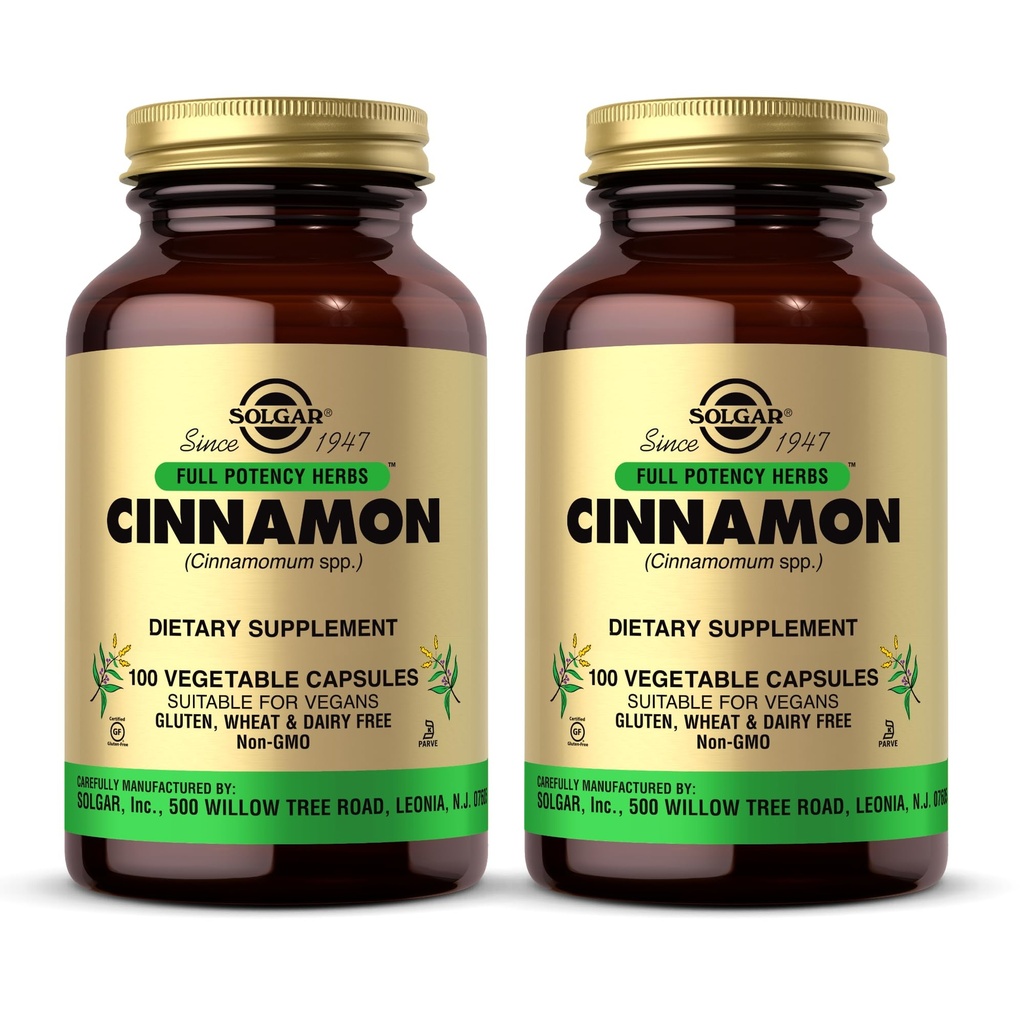Solgar Cinnamon - 100 κάψουλες λαχανικών, Συσκευασία των 2 - Πλήρης ισχύς (FP) - Μη ΓΤΟ, Vegan, Χωρίς γλουτένη, Χωρίς γαλακτοκομικά, Kosher - 200 Σύνολο εξυπηρετήσεων