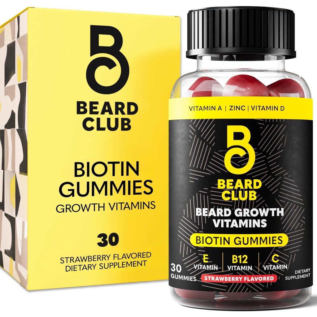 The Beard Club Biotin Beard Growth Vitamin Gummies - Συμπλήρωμα μαλλιών για τους άνδρες - Βιταμίνες B12, E, & C για να υποστηρίξει ένα Thicker Fuller που αναζητούν μαλλιά προσώπου - Φράουλα Gummy