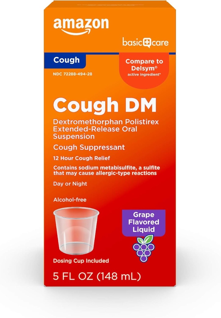 Basic Care 12 Hour Cough Syrup, Extended-Release Dextromethorphan, Grape Flavor Liquid Medicine, 5 fl oz (Pack of 1)