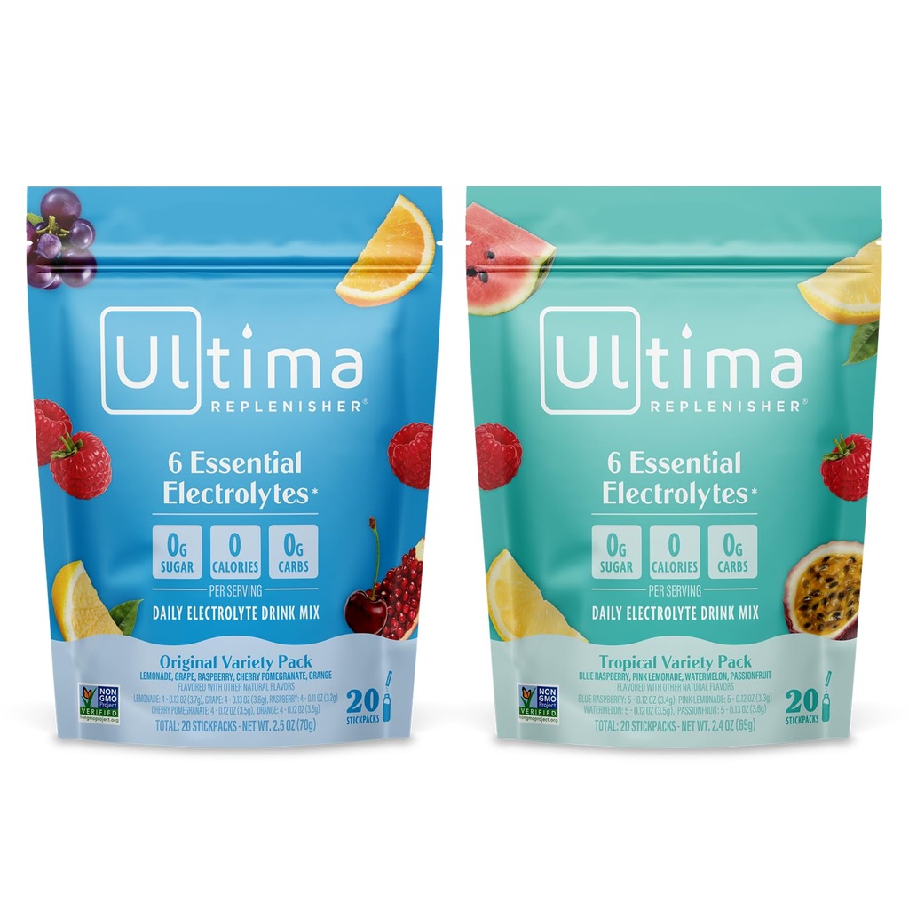 Ultima Replenisher Daily Electrolyte Powder Drink Mix – Χωρίς ζάχαρη – Τροπική Ποικιλία και Ποικιλία 5-Flavor, 20 Stickpacks – Ενυδατική Συσκευασίες με 6 Ηλεκτρολύτες και Ορυκτά – Keto, Μη ΓΤΟ