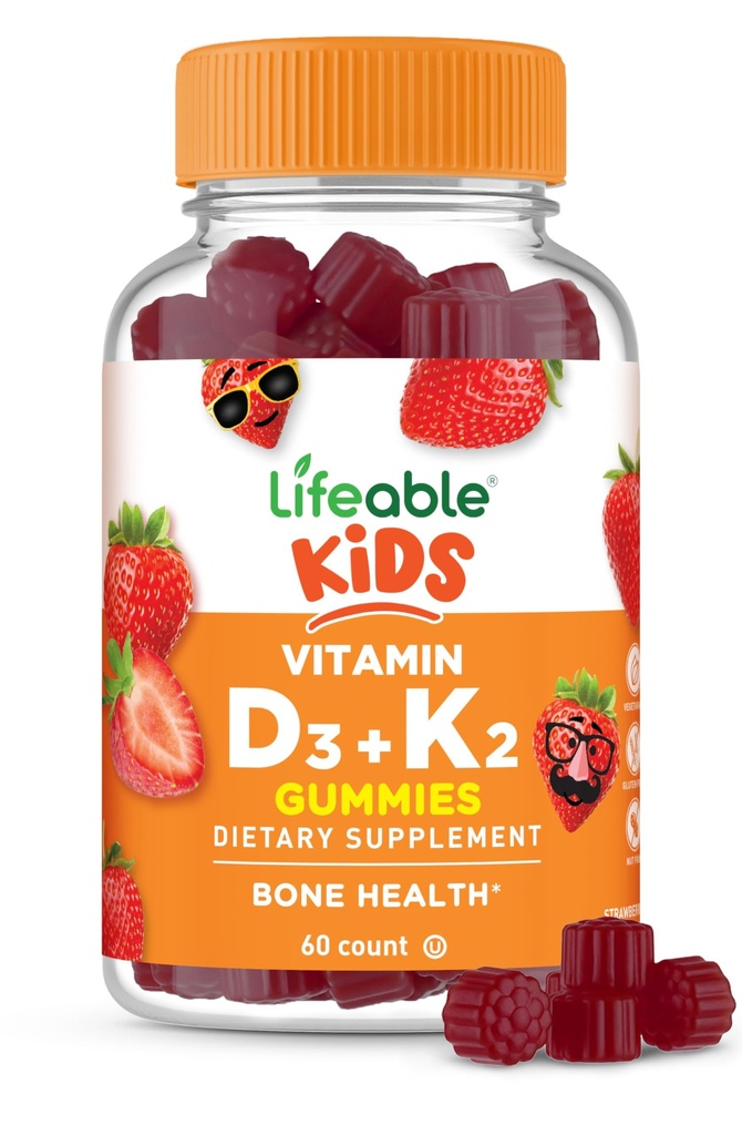 Lifeable Kids Vitamin D3 K2 Gummies | 500iu D3 and K2 100mcg | Great Tasting D3 and K2 Supplements | for Bone Health and Immunity | VIT D3 K2 for Kids | 60 Gummies