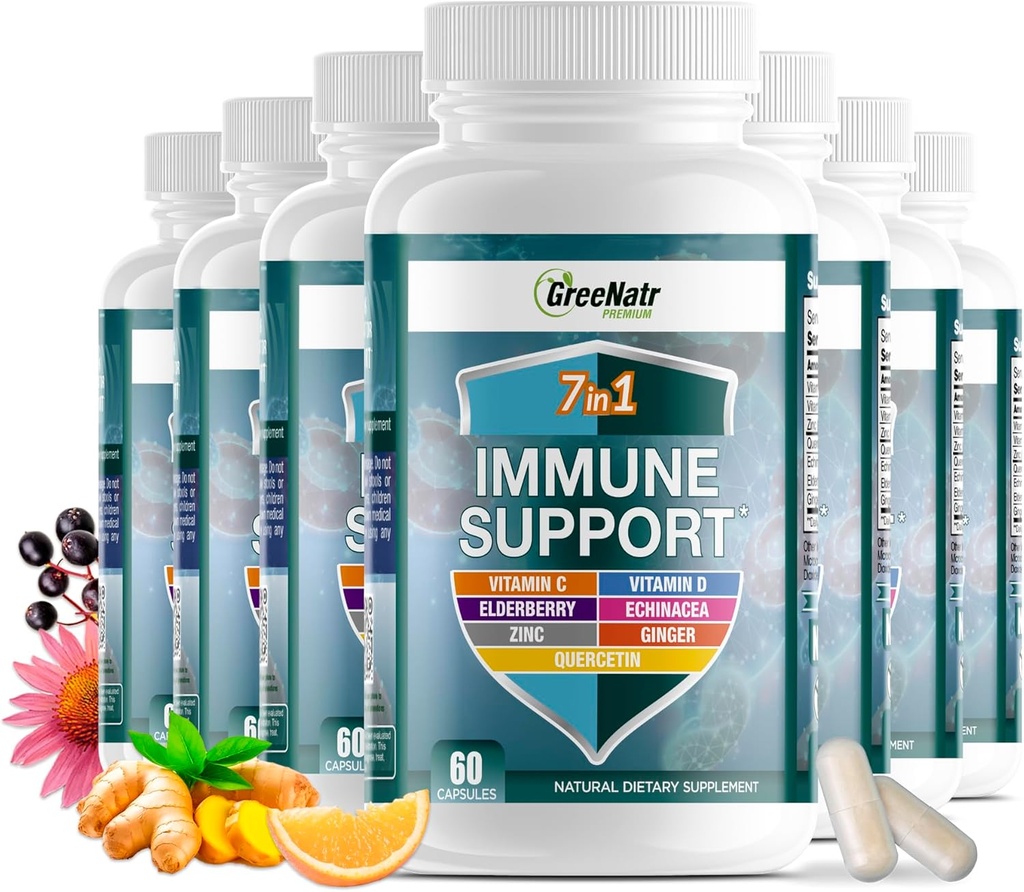 GreeNatr 7 in 1 Immune Support Supplement with Vitamin C, Vitamin D3, Zinc 50mg, Quercetin, Echinacea Purpurea, Sambucus Elderberry and Ginger for Complete Immune Defense - 60 Capsules (12 Bottles)