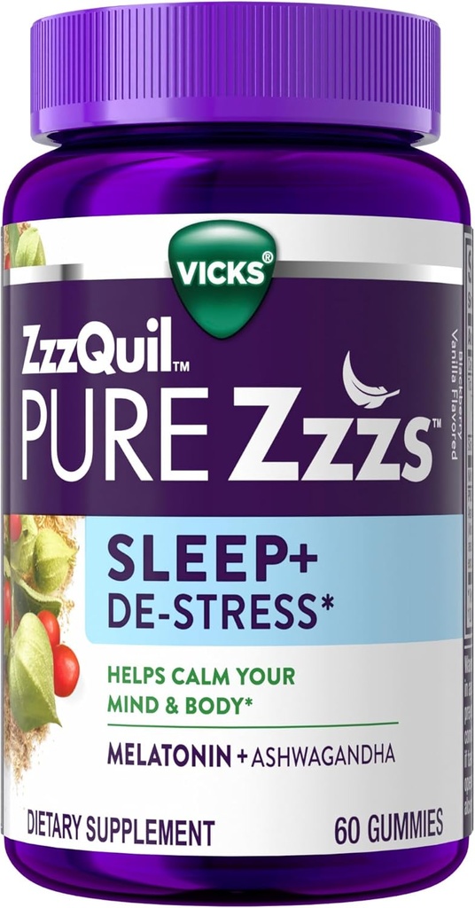 ZzzQuil PURE Zzzs De-Stress 2mg Melatonin Gummies, , Sleep Aids for Adults, Ashwagandha for Stress Support, 60 Gummies