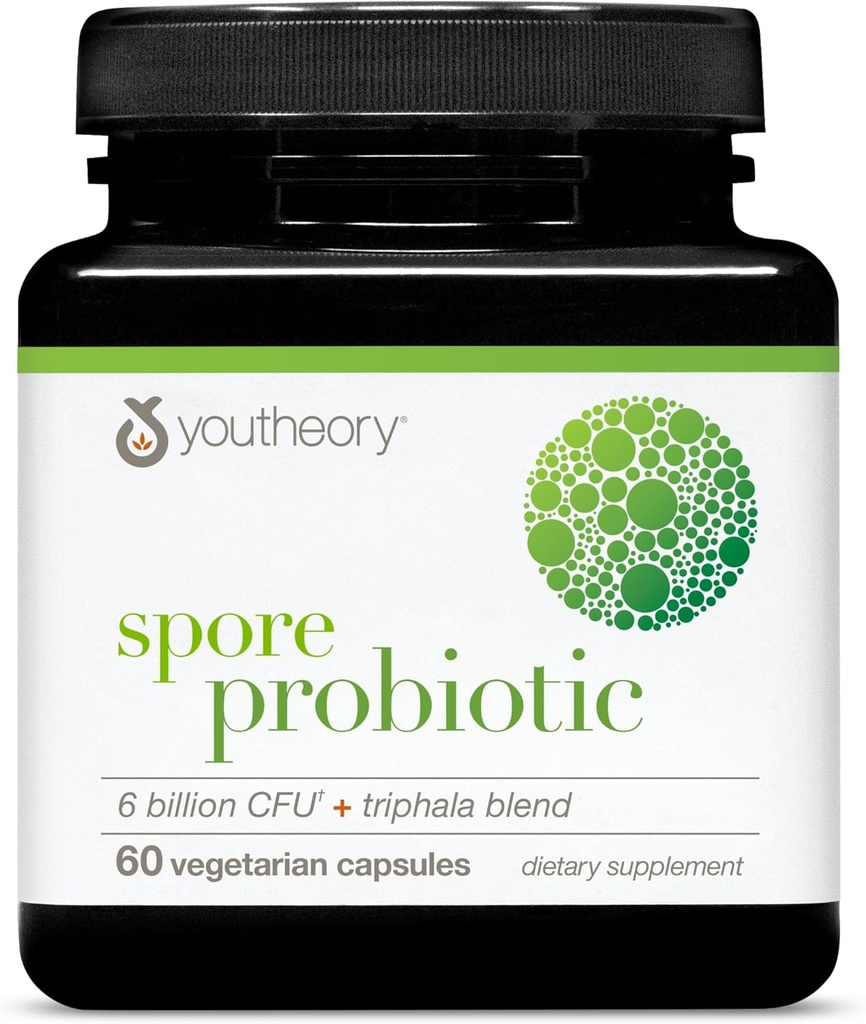 Youtheory Spore Probiotic - 6 Δισεκατομμύρια CFU - Probiotic Digestive Supplement* - Αντιστέκεται στη διάσπαση στομάχου * - Γαλακτοκομικά, Γλουτένη & Χωρίς σόγια - 60 κάψουλες χορτοφάγων
