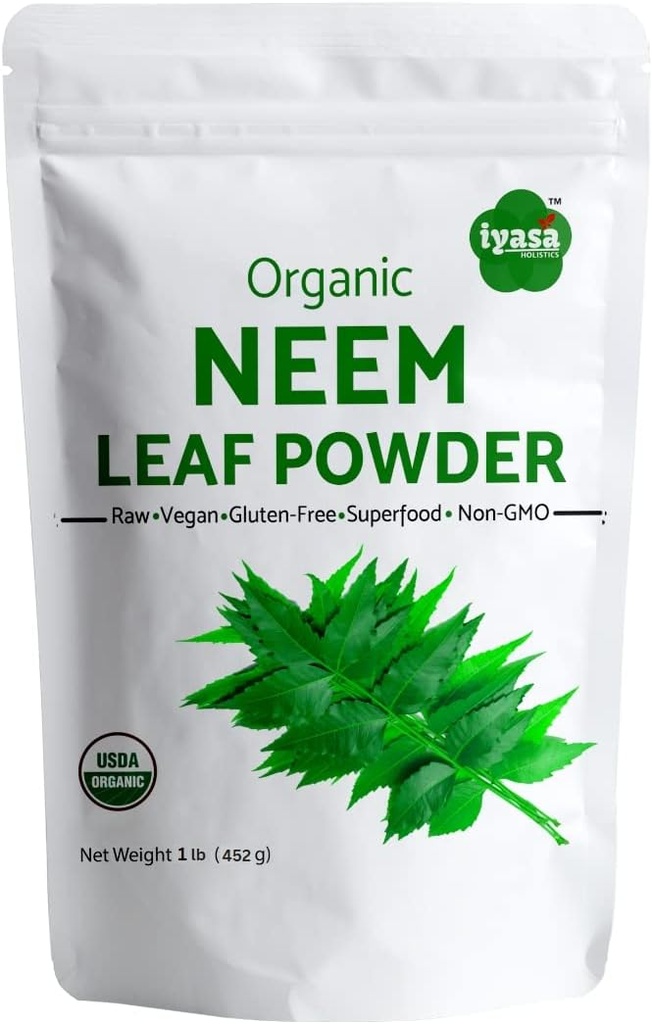Iyasa Holistics Βιολογική σκόνη Neem Ayurveda βότανο και superfood, υποστηρίζει το αίμα και τον καθαρισμό του ήπατος, προωθεί υγιή μαλλιά και καθαρό δέρμα, Resealable τσάντα των 16 oz / 453g