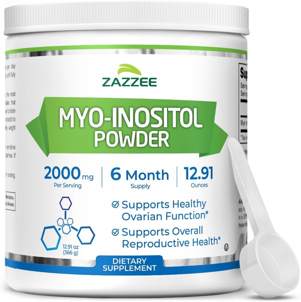 Zazzee Myo-Inositol σε σκόνη, 6 Μήνες Προμήθεια, 183 Υπηρεσίες, 2000 mg ανά υπηρεσία, Free Scoop για την Ακριβή Δοσολογία, 12.91 Ουγγιά, 100% Καθαρή, Όλα-Φυσική Γονιμότητα και Αναπαραγωγική Υποστήριξη, Vegan, Μη ΓΤΟ