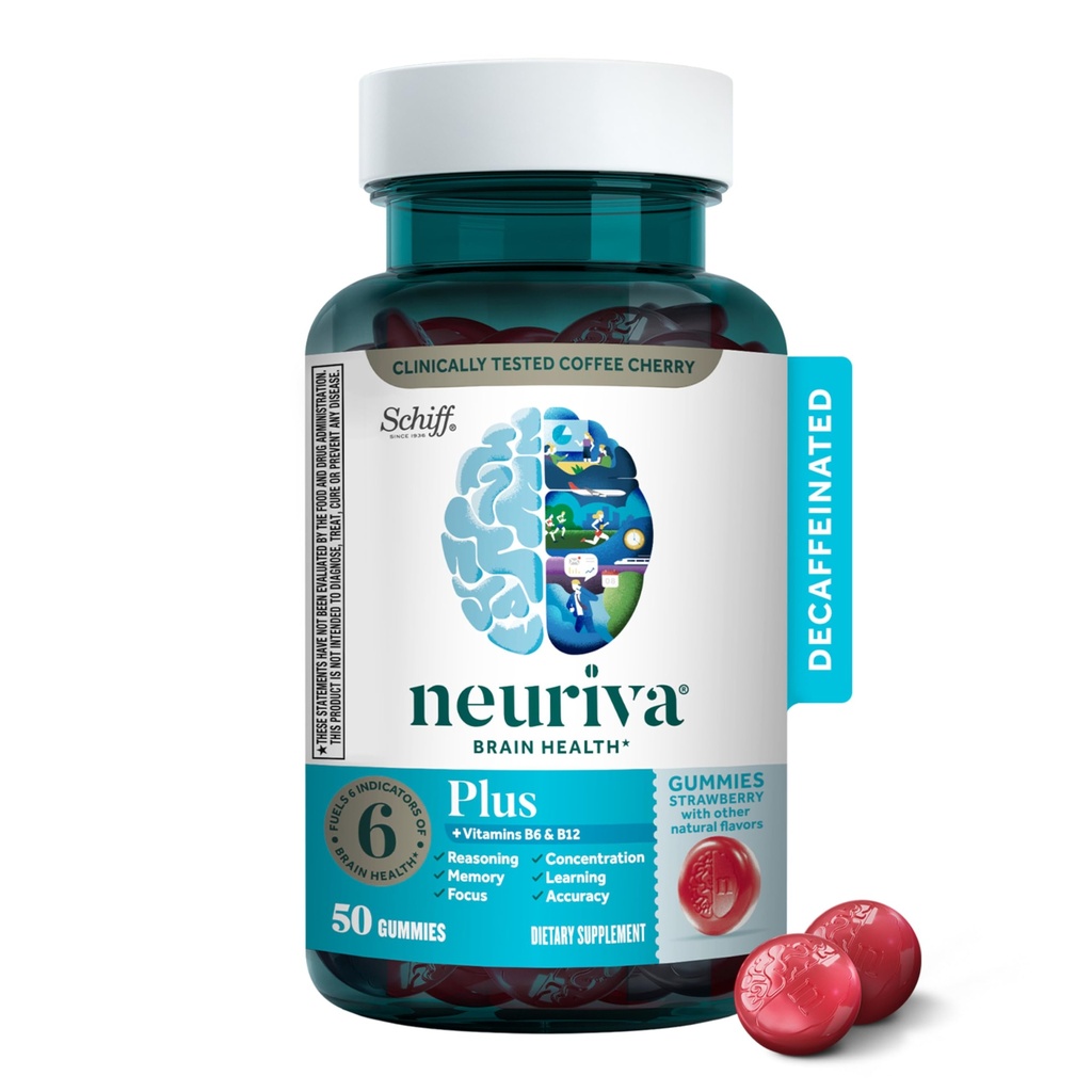 NEURIVA Plus Decaff Nootropic Brain Supplement for Memory, Focus & Concentration & Cognitive Function, Clinically Tested NeuroFactor, Phosphat, Vitamins B6 B12, 50ct Strawberry Gummies (Pack of 1)