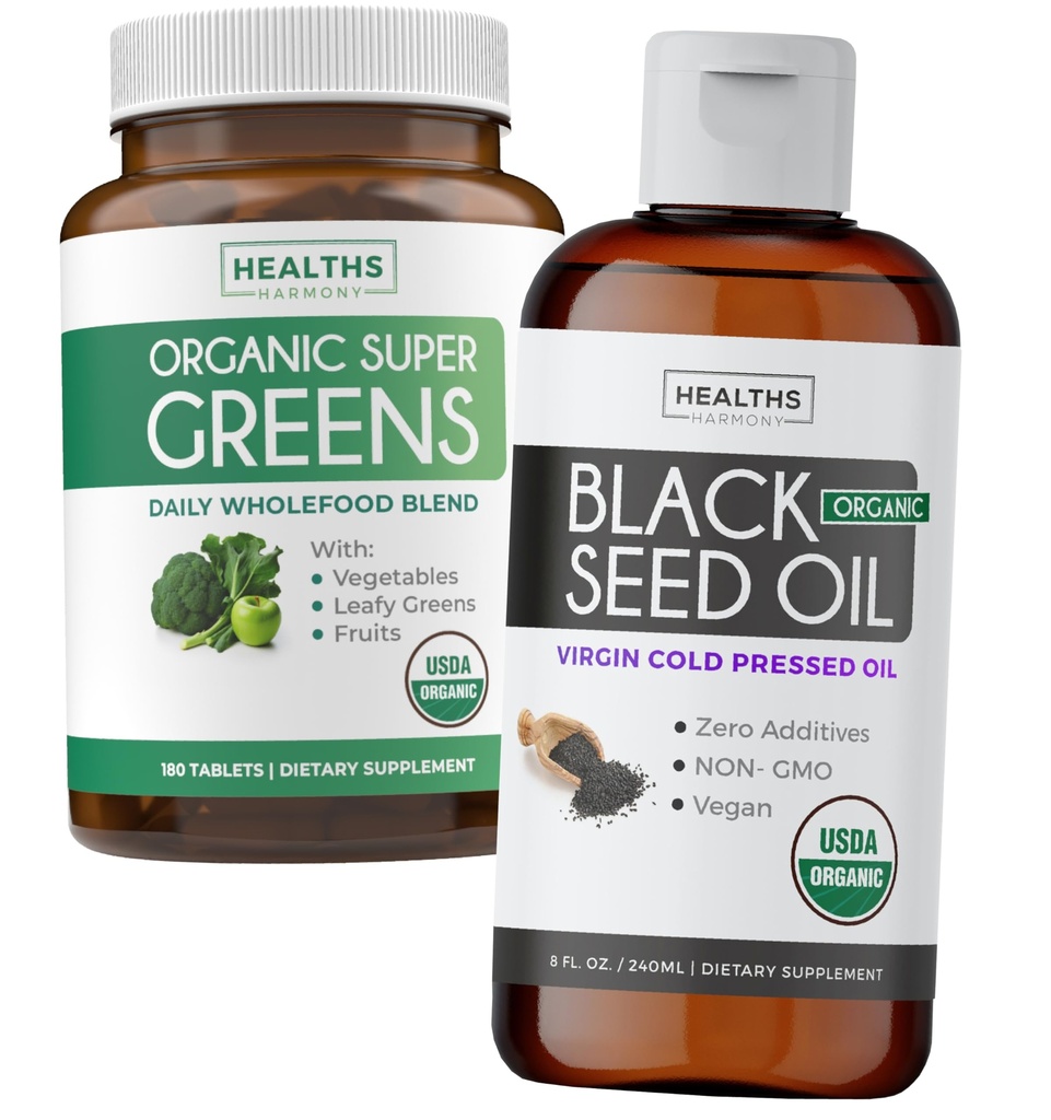Super Greens & Black Seed Oil (3-Month Supply) Herbal Oil Blend Bundle of Organic Super Greends Powder - Complete Superfood (180 Capsules) & Organic Black Seed Oil Liquid - Cold pressed (8 fl oz)