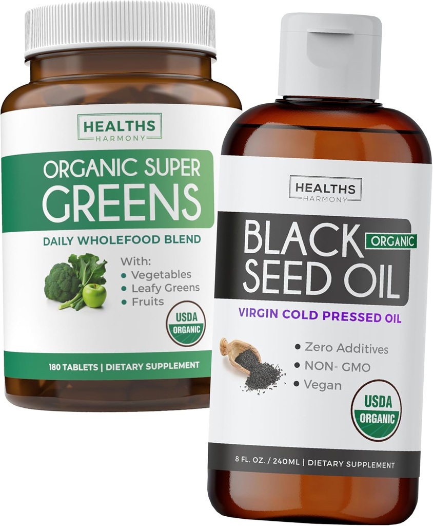 Super Greens & Black Seed Oil (3-Month Supply) Herbal Oil Blend Bundle of Organic Super Greends Powder - Complete Superfood (180 Capsules) & Organic Black Seed Oil Liquid - Cold pressed (8 fl oz)