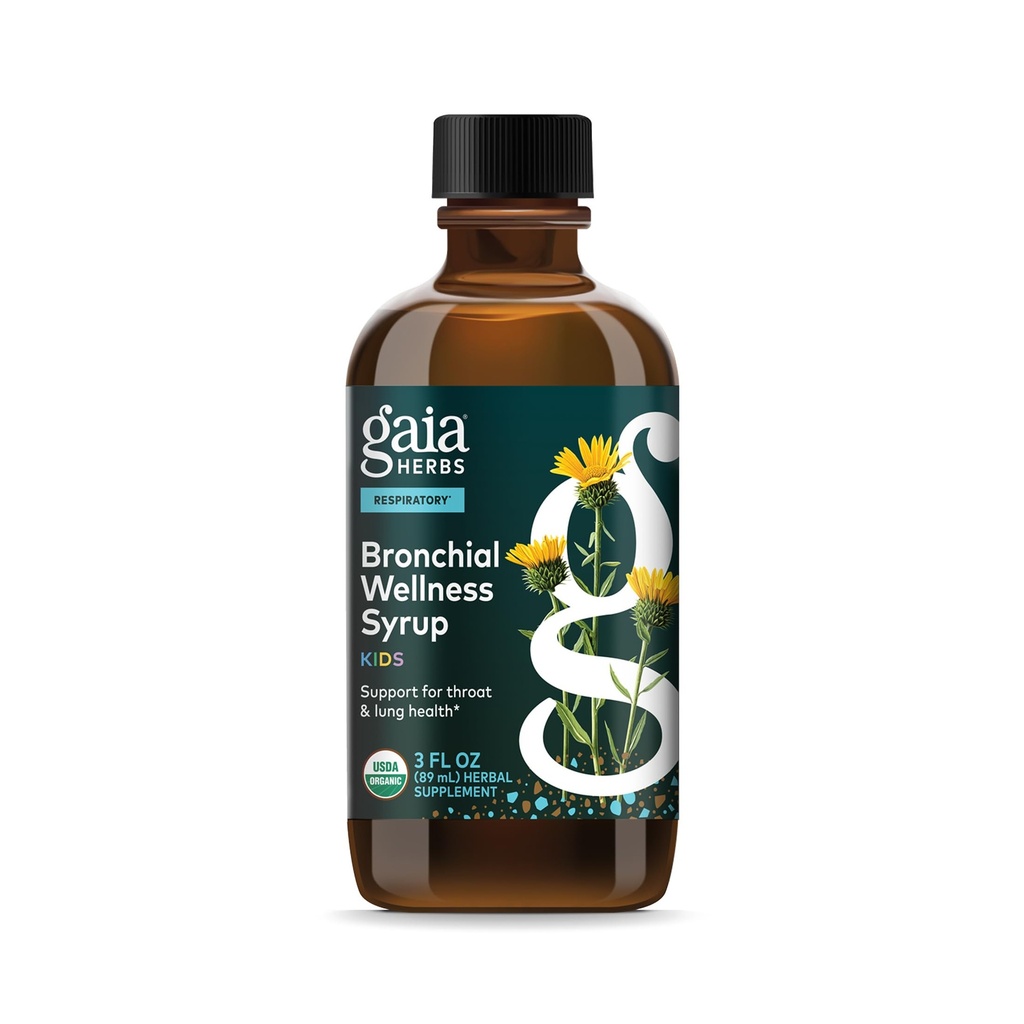 Gaia Herbs Bronchial Wellness Syrup Kids - Συμπλήρωμα Ανοσολογικής Υποστήριξης - Υποστήριξη για τον Λαρύγγι & τον Πνεύμονα* - Certified Organic Formula with English Plantain, Grindelia & Honey - 3 Fl Oz (18 Servings)