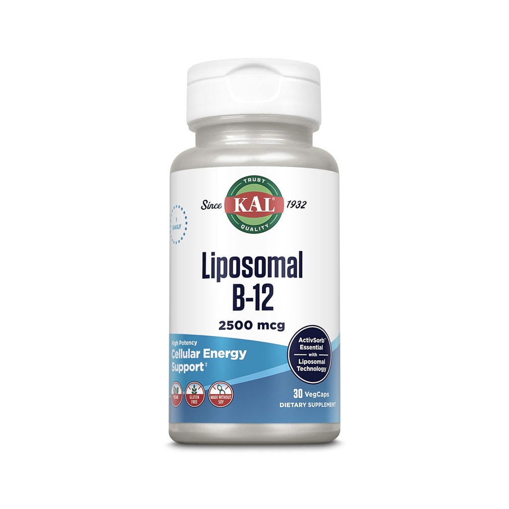 KAL Λιποσωμική Βιταμίνη Β12 2500 mcg, Υψηλή Απορρόφηση, Λιποσωμική Τεχνολογία, Κυτταρική Ενέργεια Υποστήριξη, Κάψουλες Vegan, Χωρίς Γλουτένη, Κατασκευασμένη Χωρίς Σόγια, 30 Σερβιέτες