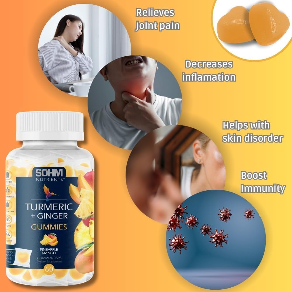 SOHM Turmeric Ginger Gummies με Ginger, 60 μεμονωμένα τυλιγμένα, βοηθά τις διαταραχές του δέρματος, υποστηρίζει κοινή υγεία -Pineapple Gummies Γεύσης για ενήλικες άνδρες και γυναίκες