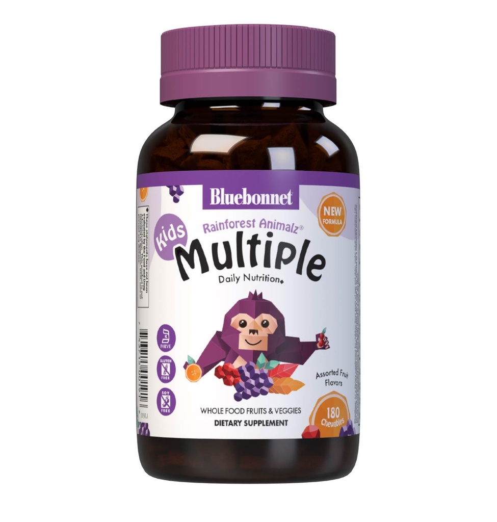 Bluebonnet Nutrition Rainforest Animalz Ολόκληρα τα τρόφιμα με βάση πολλαπλό μασώμενο δισκίο, παιδιά πολυβιταμίνη & ορυκτά, βιταμίνη C, D3, σίδηρος, χωρίς γλουτένη, γάλα χωρίς, Kosher, 180 Μασώμενα δισκία, μικτή γεύση
