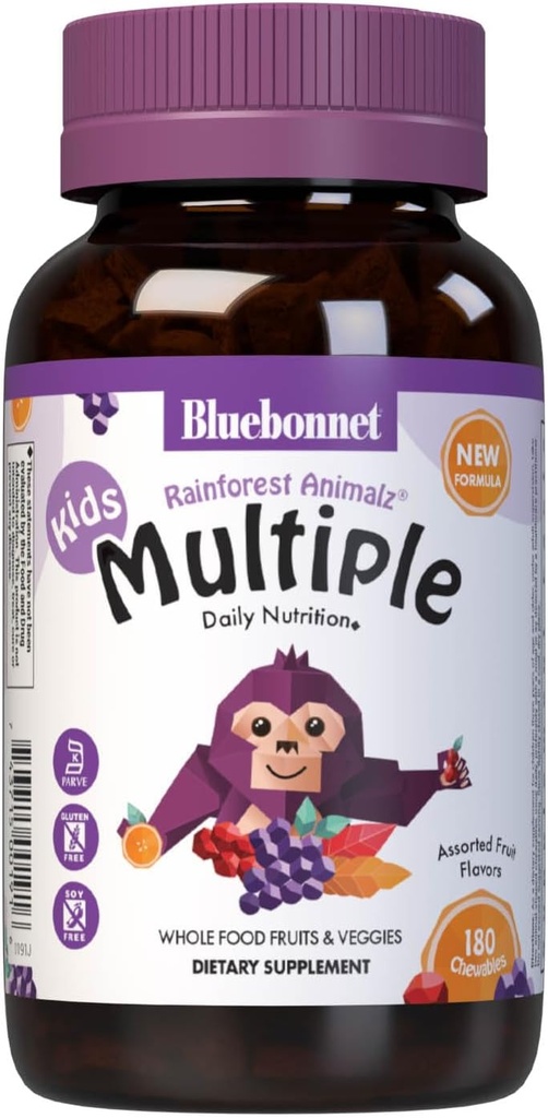 Bluebonnet Nutrition Rainforest Animalz Ολόκληρα τα τρόφιμα με βάση πολλαπλό μασώμενο δισκίο, παιδιά πολυβιταμίνη & ορυκτά, βιταμίνη C, D3, σίδηρος, χωρίς γλουτένη, γάλα χωρίς, Kosher, 180 Μασώμενα δισκία, μικτή γεύση