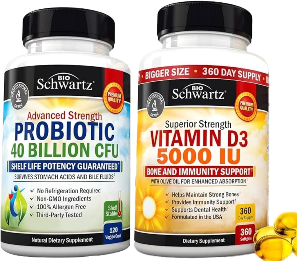 High Strength Vitamin D3 5000 IU 125 mcg (1 Year Supply) Plus 40 Billion CFU Daily Probiotic Supplement (2 Month Supply)