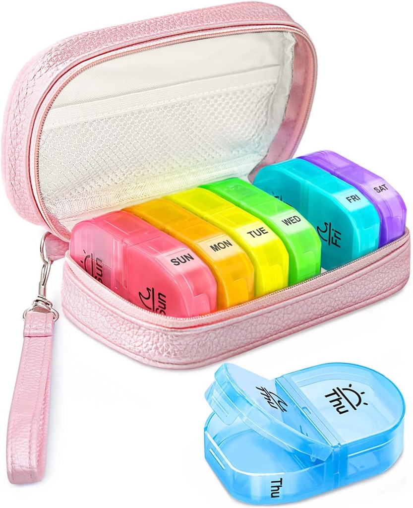 Χαριτωμένο Pill Organizer 2 φορές την ημέρα, PU Δερμάτινη θήκη Χάπια για τις γυναίκες, Φορητό εβδομαδιαίο κουτί χαπιών για την τσάντα αποθήκευσης για να κρατήσει βιταμίνες, φάρμακα, ιχθυέλαια, συμπληρώματα (Pink)