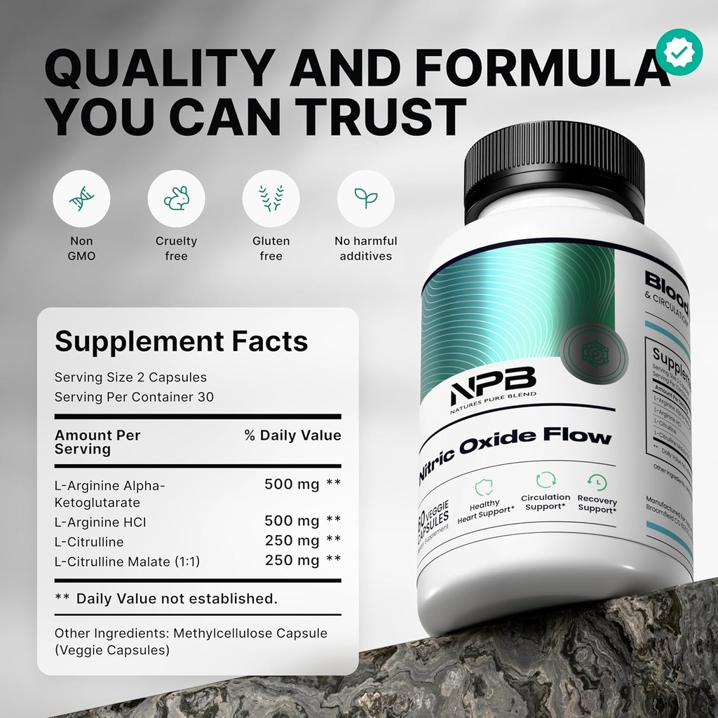 Pure Blend Nitric Oxide Συμπληρώματα για τους άνδρες – L-αργινίνη L-Citrulline – Heart Support & Flow Circulation Booster – 1500MG L Arginine και L Citrulline, Preworkout, Bodybuilding