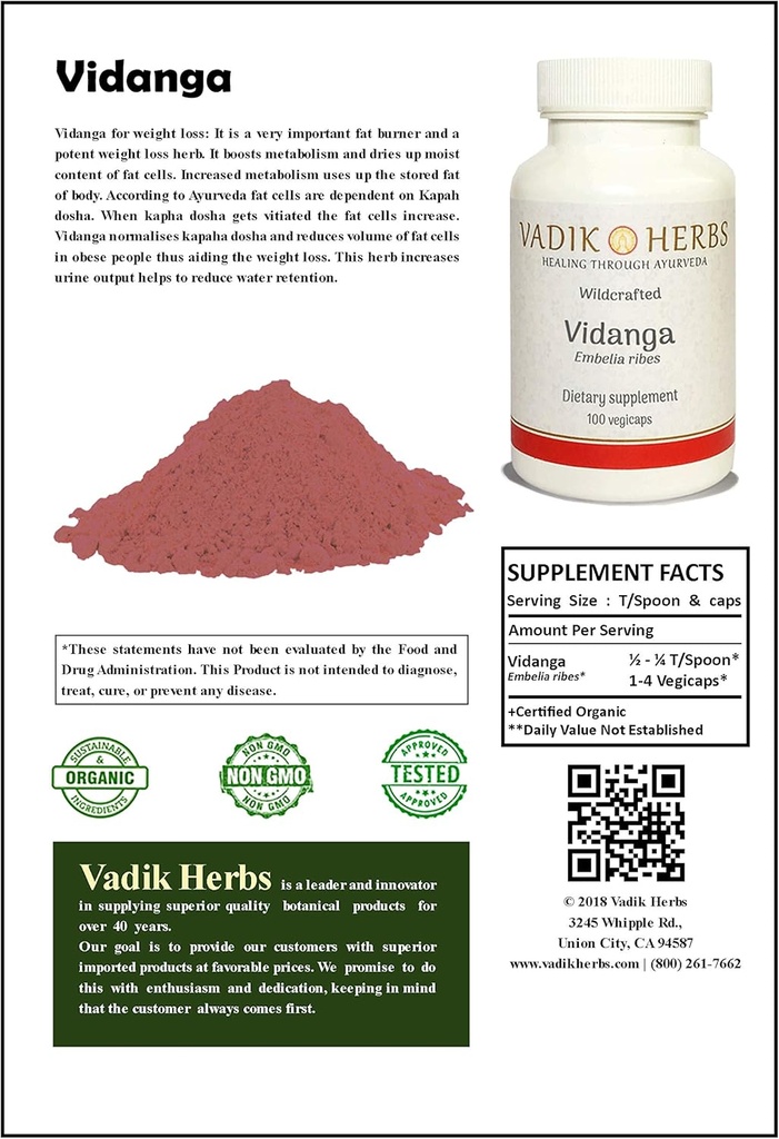 Vadik Herbs Πιστοποιημένο Βιολογικό Vidanga (Embelia Ribes) σκόνη 1lb. Συσκευασία 