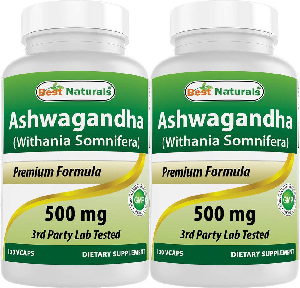 Best Naturals 2 Pack Ashwagandha κάψουλες για χαλάρωση άγχος και διάθεση, 500 mg, 120 Count (Σύνολο 240 κάψουλες)