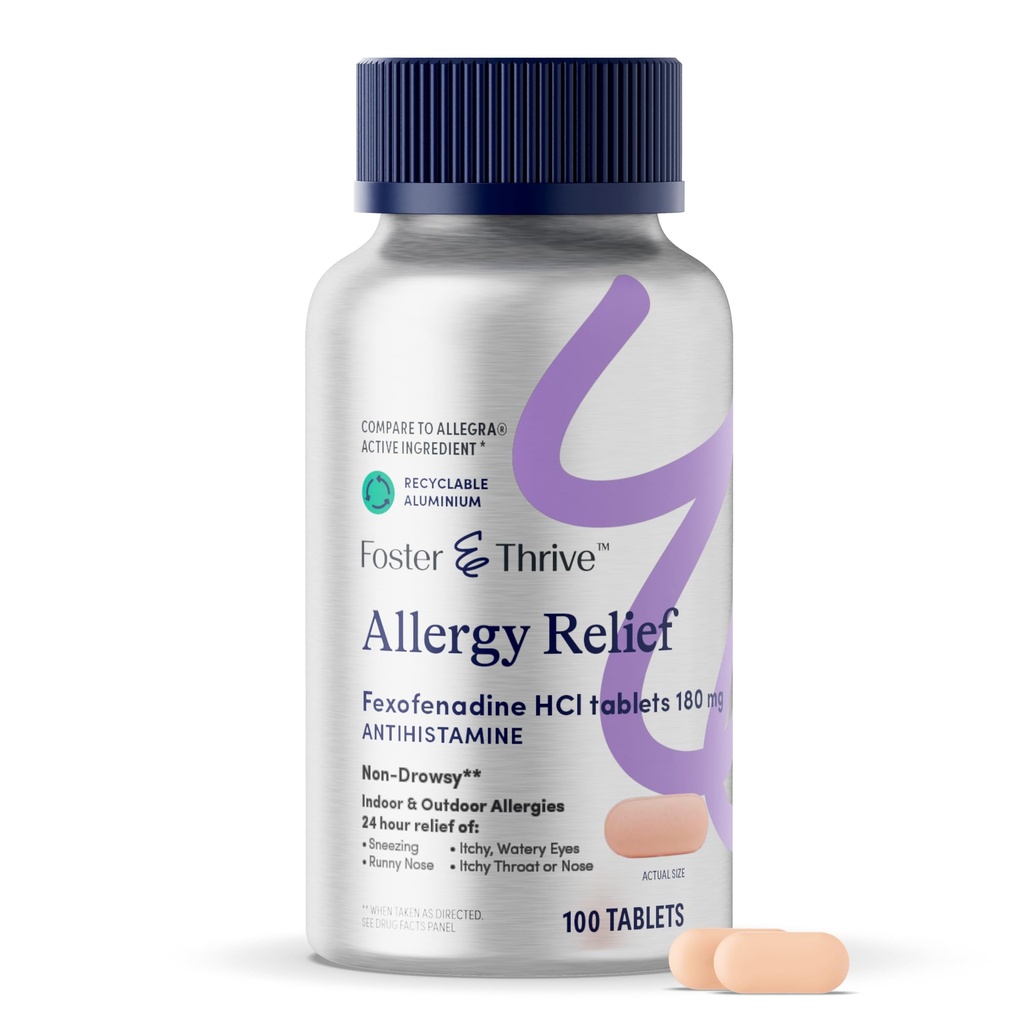 Foster & Thrive Fexofenadine HCl Μη Νυσταγμός Αλλεργία Ανακούφιση για Πυρετός, Γύρη, Ίτσι Μάτια και Εποχικές Αλλεργίες, Αποτελεσματική Υποστήριξη για Παιδιά και Ενήλικες, 180 mg, 100 δισκία