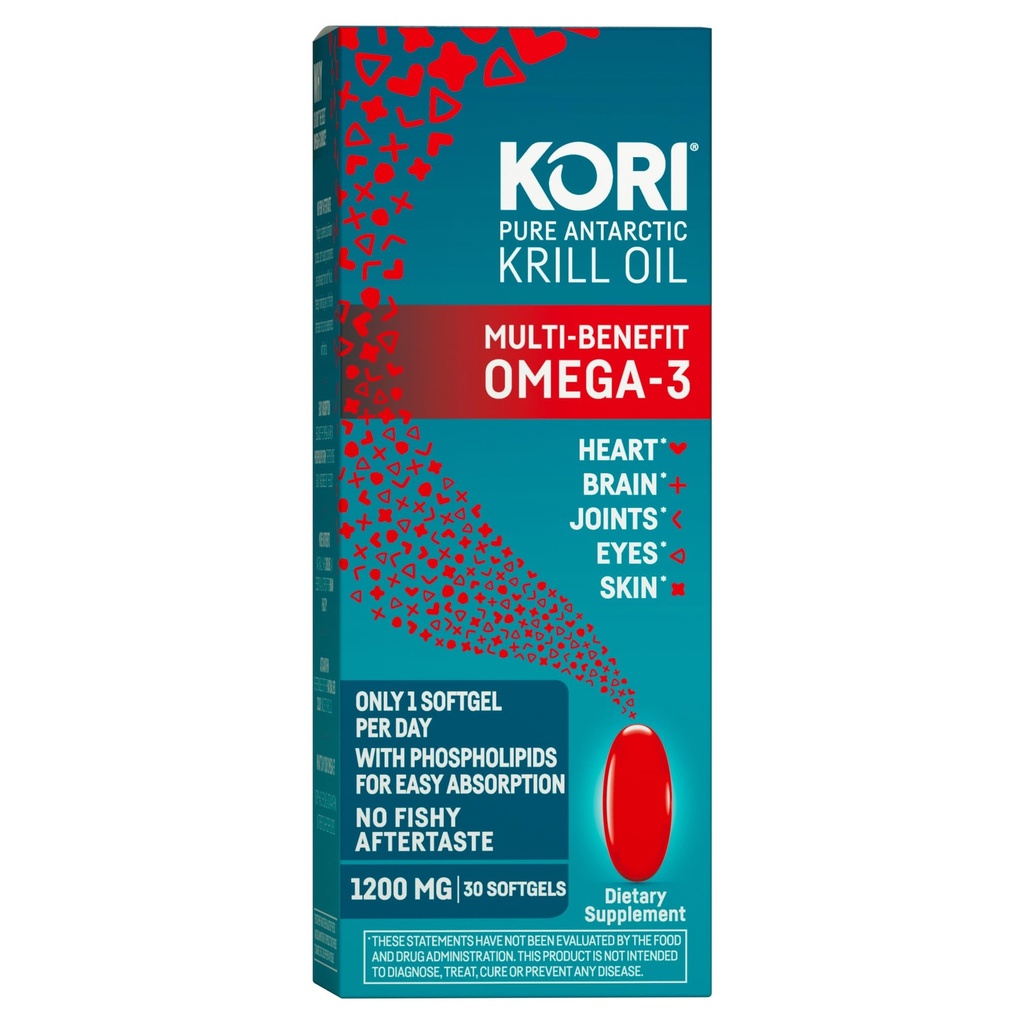 Kori Krill Oil Omega 3 συμπλήρωμα, πετρέλαιο κριλ Ανταρκτικής με ανώτερη απορρόφηση έναντι ιχθυέλαιο, 1200mg Softgels, EPA & DHA, 30 Softgels