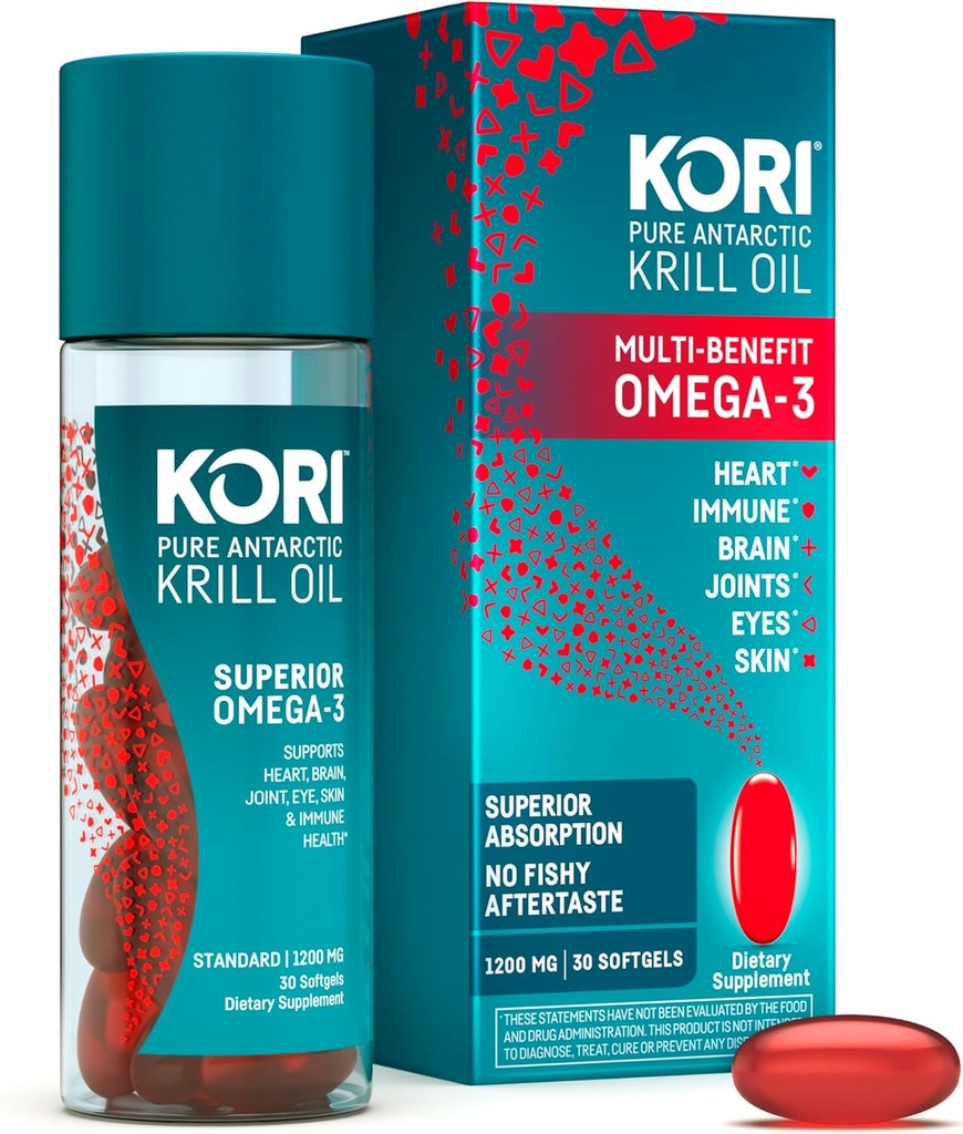 Kori Krill Oil Omega 3 Supplement, Antarctic Krill Oil with Superior Absorption vs Fish Oil, 1200mg Softgels, 30 Softgels, EPA & DHA