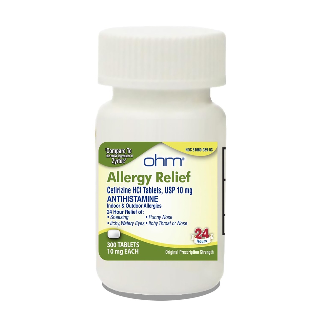Ohm 24- hour Αντιισταμινική Cetirizine HCl 10 mg δισκία, 300 Count – All-Day Αλλεργία Ανακούφιση για Ίτσι μάτια, Runny μύτη, Πυρετός Hay, Pollen, και Αλλεργίες εσωτερικού & εξωτερικού χώρου