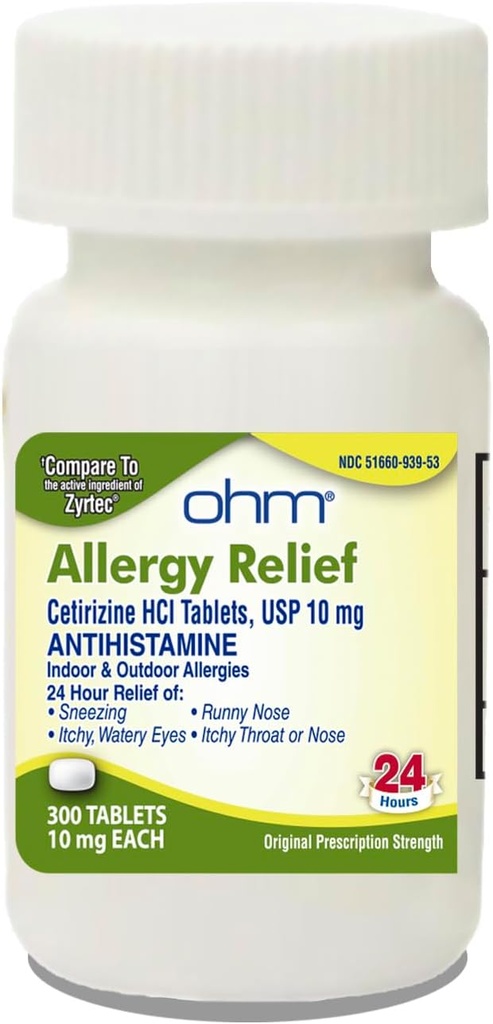 Ohm 24-Hour Antihistamine Cetirizine HCl 10 mg Tablets, 300 Count – All-Day Allergy Relief for Itchy Eyes, Runny Nose, Hay Fever, Pollen, and Indoor & Outdoor Allergies