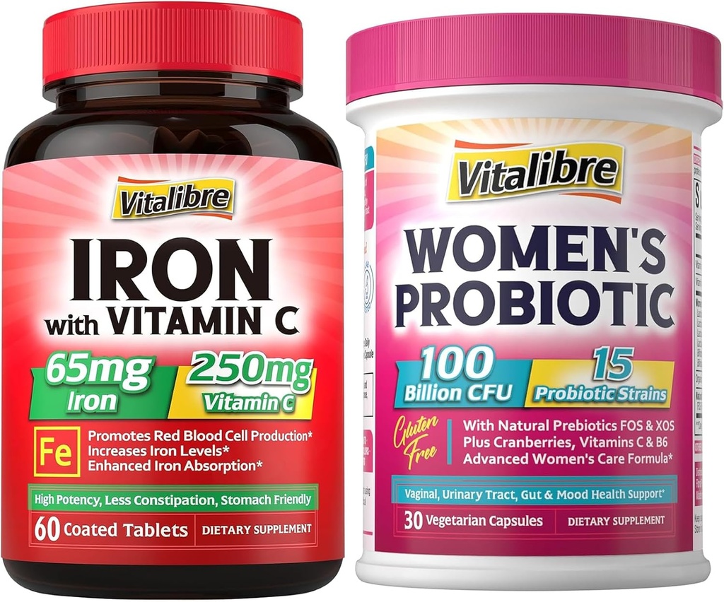 Συμπλήρωμα σιδήρου, 65mg Carbonyl Iron με 250mg Βιταμίνη C + Vitalibre Γυναικεία Προβιοτικά 100 Δισεκατομμύρια CFU, 15 Strains, w/Prebiotic, Cranberry, Vitamin B6 & VC
