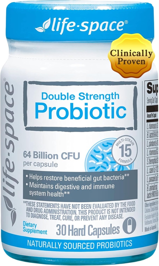 Life-Space Double Strength Broad Spectrum Probiotic, 64 Billion CFU & 15 Diverse Strains, Redouble Formulated for Digestive Health & Immune Health, Probiotics for Women & Men - 30 Veg Κάψουλες