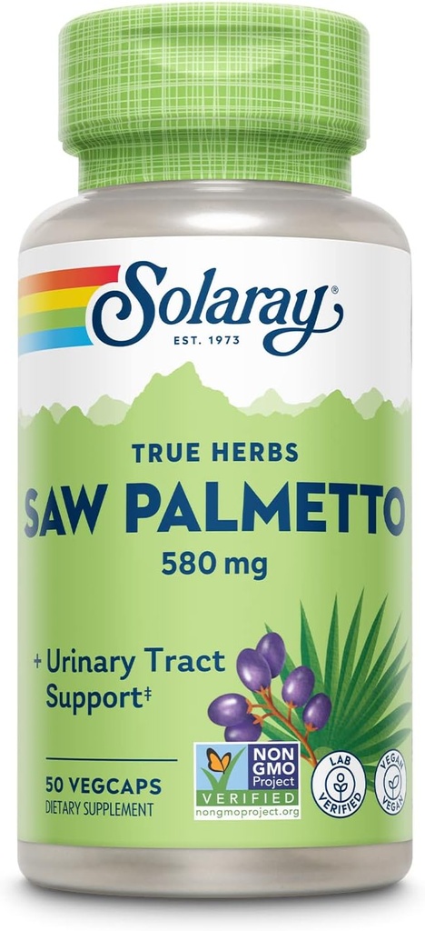 SOLARAY Saw Palmetto Berry 580 mg, Υγιής Προστάτης και Ουρολοίμωξη Υποστήριξη από Λιπαρά Οξέα & Φυτικές στερόλες για άνδρες και γυναίκες, Μη ΓΤΟ, Vegan & Lab Επαληθευμένο, 50 VegCaps, 50 Servings