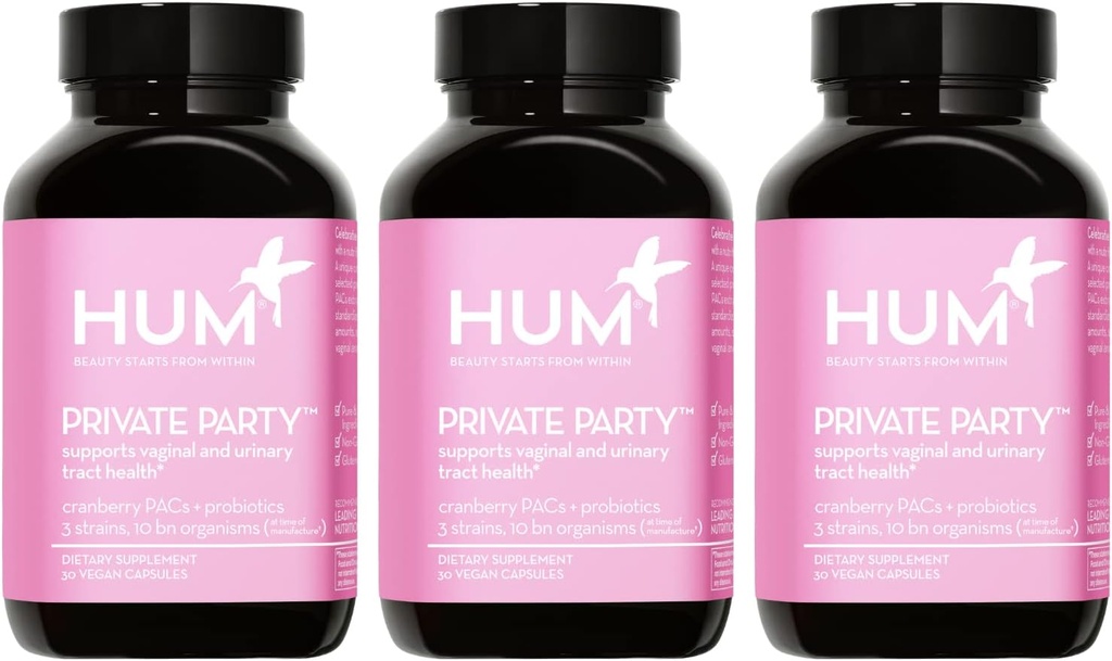HUM Private Party Κολπικά Προβιοτικά για γυναίκες, pH Ισορροπία και ουρολοίμωξη Υποστήριξη Κολπικό Probiotic συμπλήρωμα με Cranberry & Lactobacillus Blend, Γυναικεία χάπια Cranberry, 90 κάψουλες