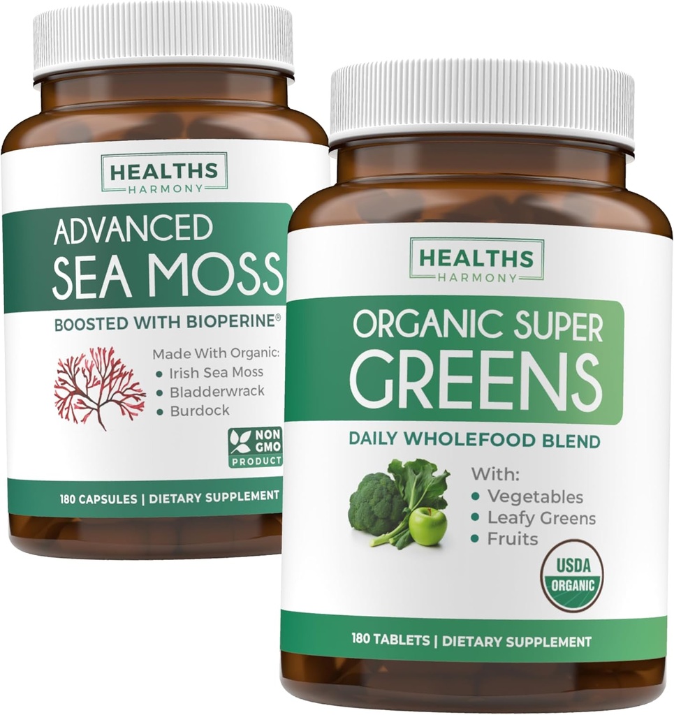Ιρλανδική Θάλασσα Moss & Βιολογικό Super Greens (3-Month Supply) Πράσινο Θάλασσα Synergy Bundle - Βιολογικό Ιρλανδικό Seamoss - Ακατέργαστο Vegan Superfood (180 Caps) & Βιολογικό Πράσινο Σκόνη με 28 Φρούτα & Λαχανικά (180 Caps)