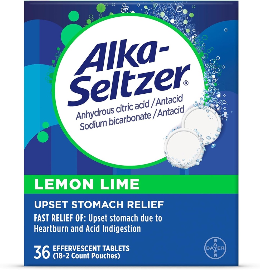 Alka- Seltzer Lemon Lime Heartburn Relief tables, Fast acid Indigetion Relief, Antacid with Lemon Lime Flavor 36 Ct